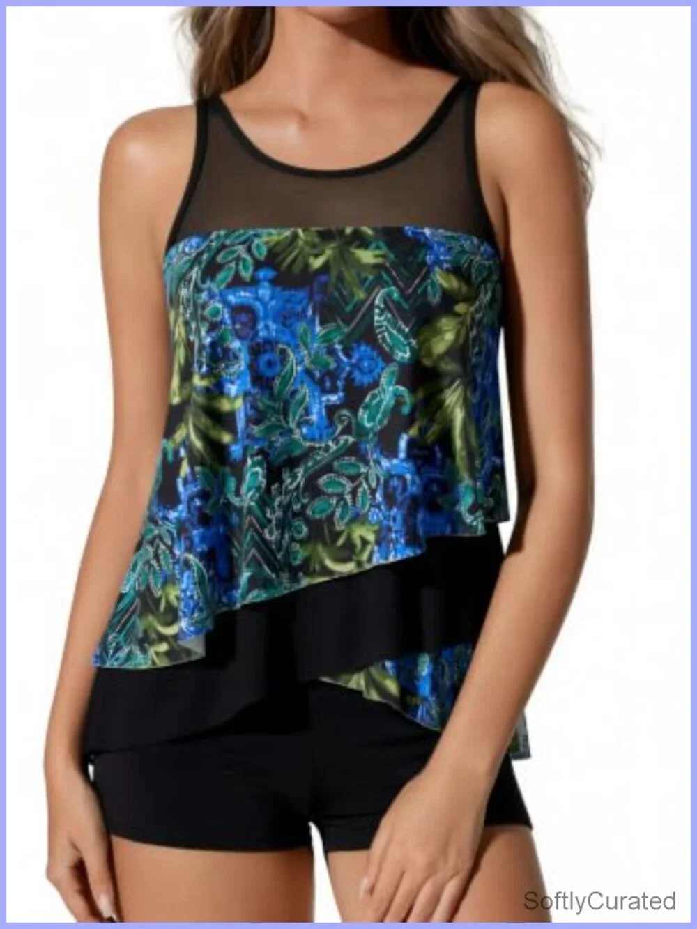 Ruffle Mesh Tankini Swimsuit with Tummy Control Shorts